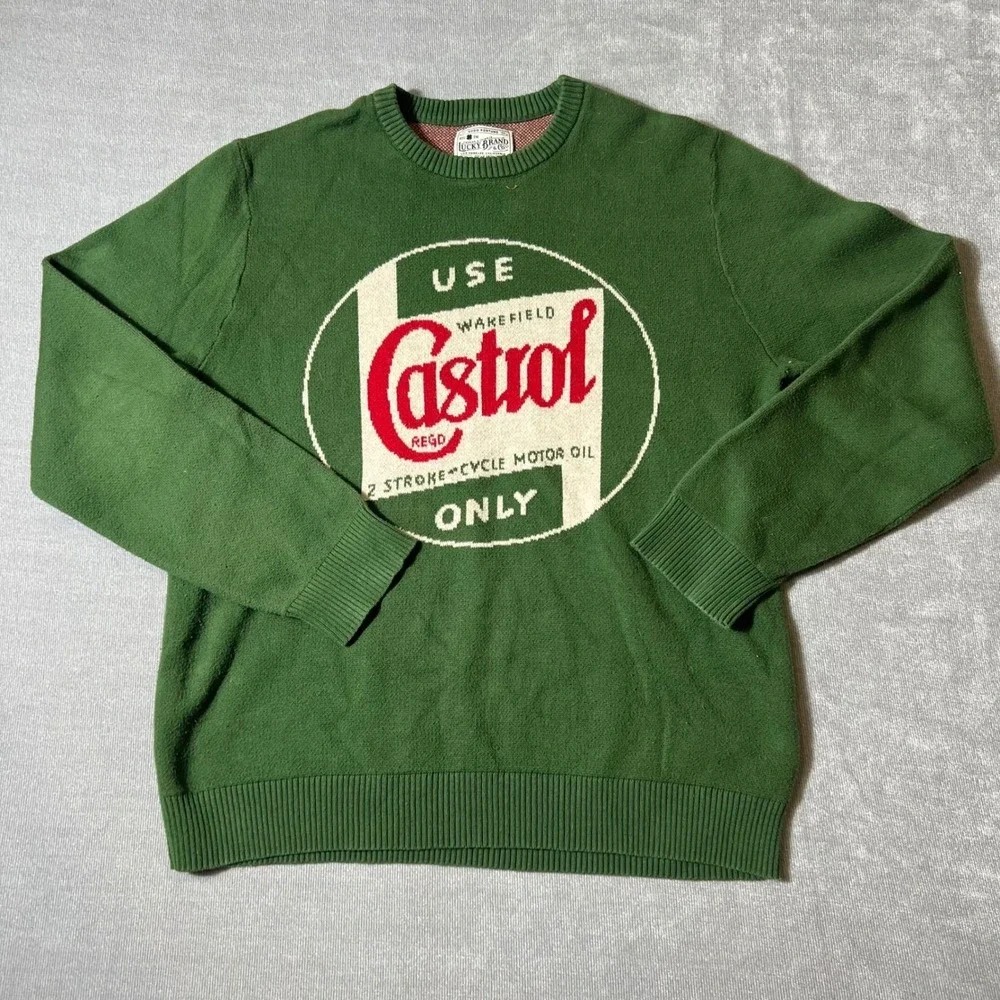Lucky Brand Mens Castrol Motor Oil Graphic Knit Crewneck Sweater Green Medium
